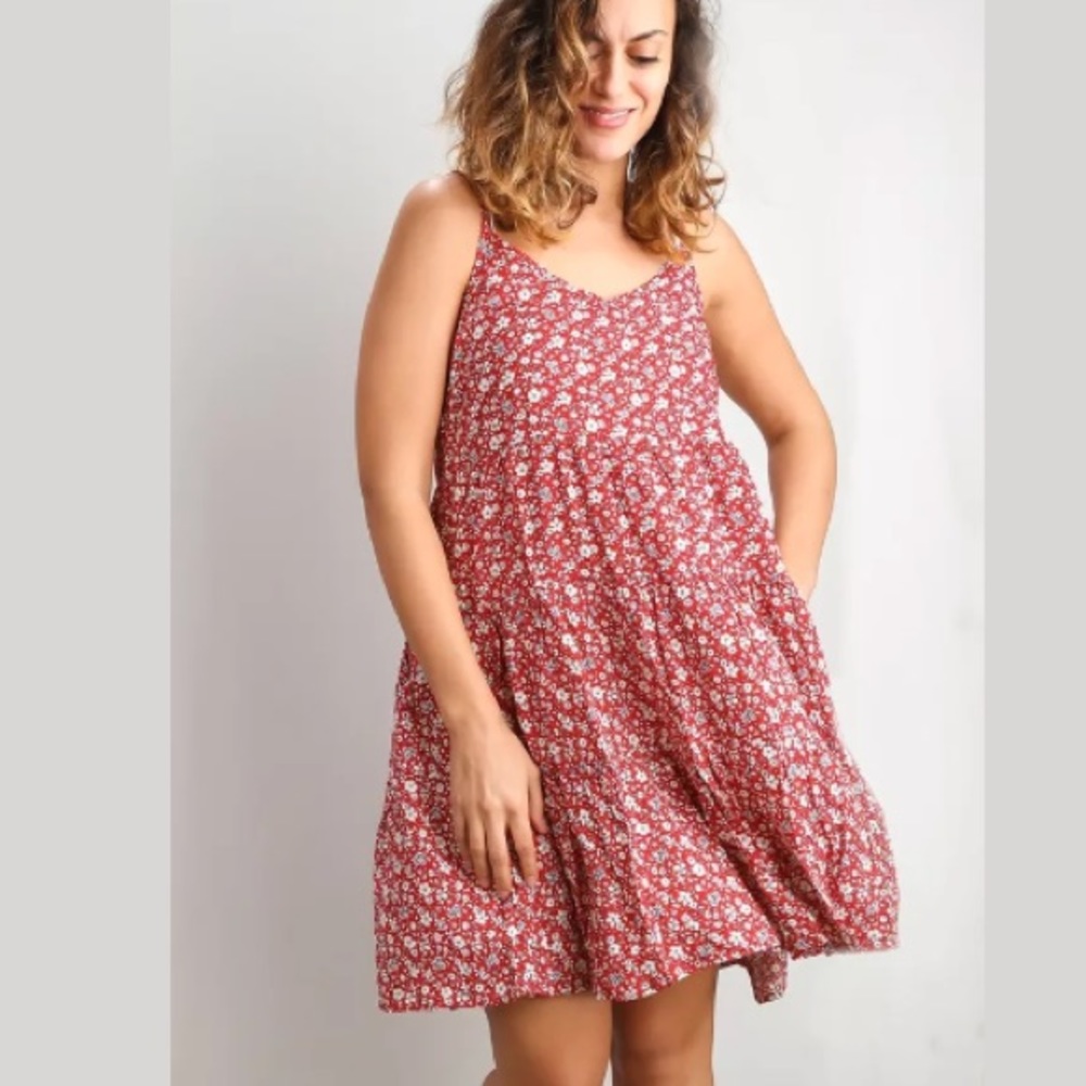 3/30 🏝 Red Floral Babydoll Summer Dress New